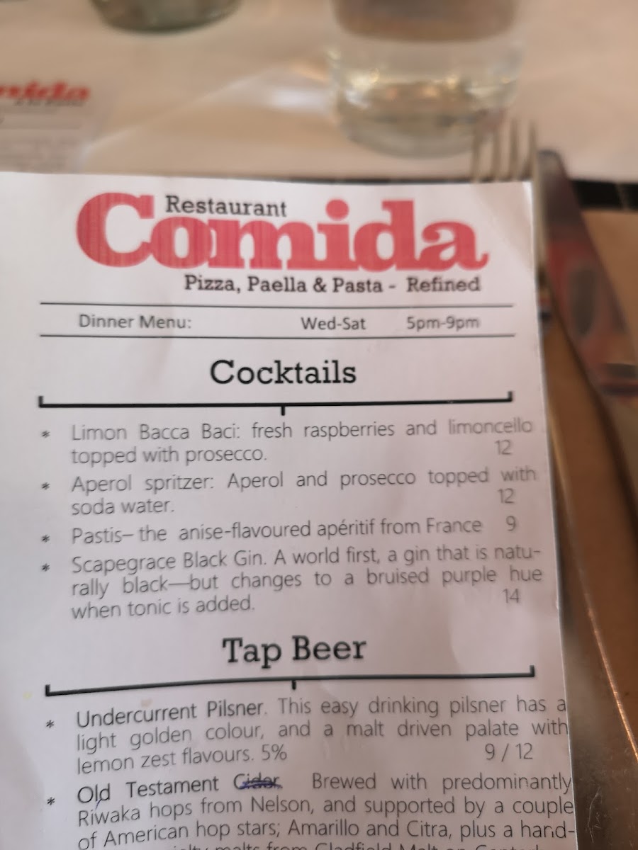 Comida Cafe and Restaurant menu board