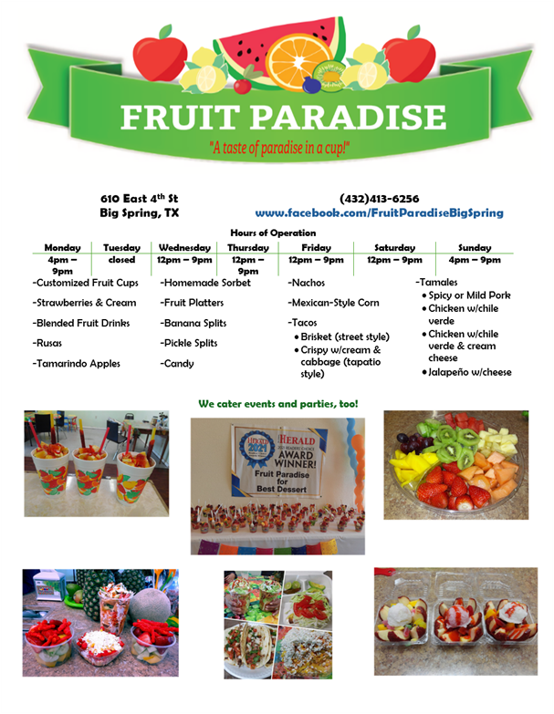 Fruit Paradise Big Spring menu board