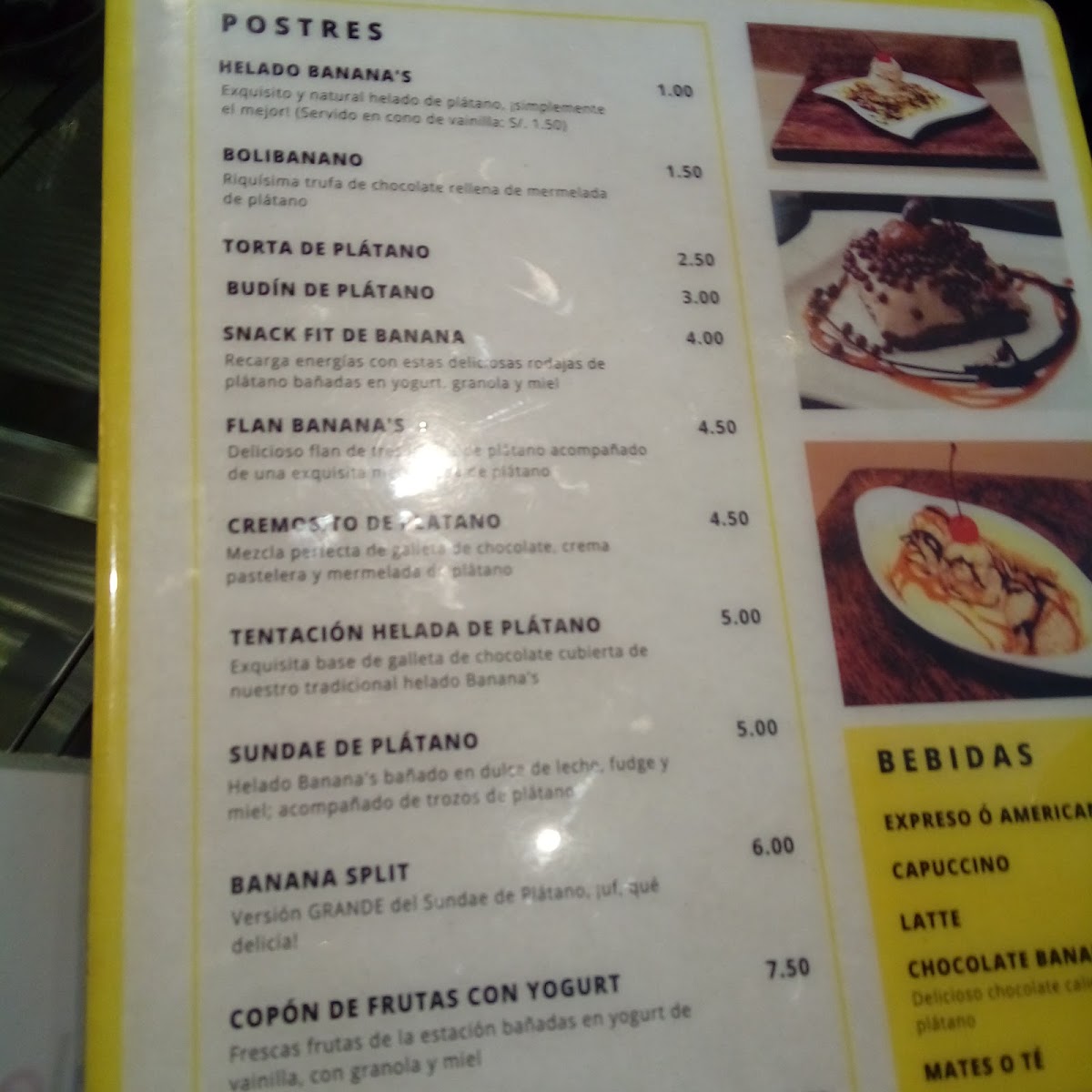 Banana's Crunch menu board