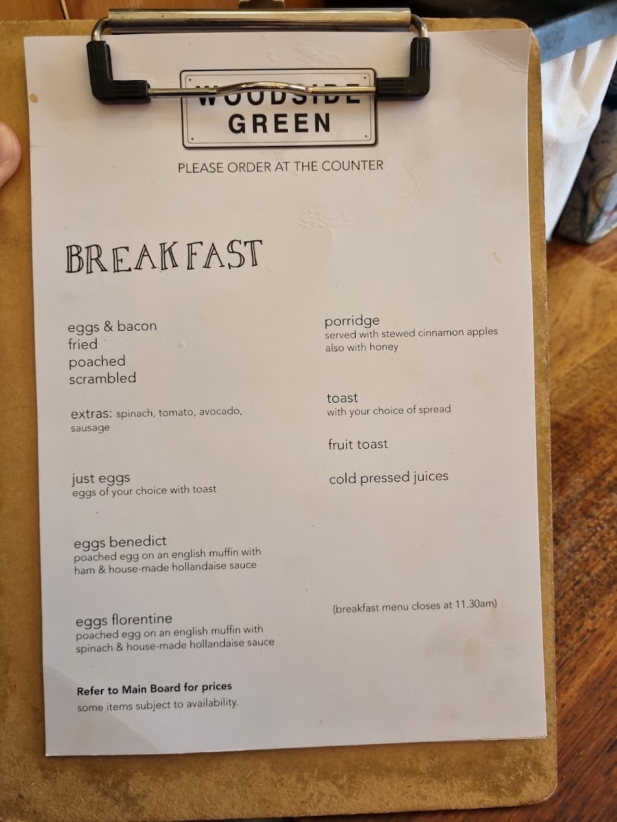 Woodside Green menu board