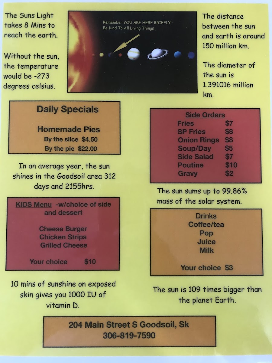 The Sunshine Cafe menu board