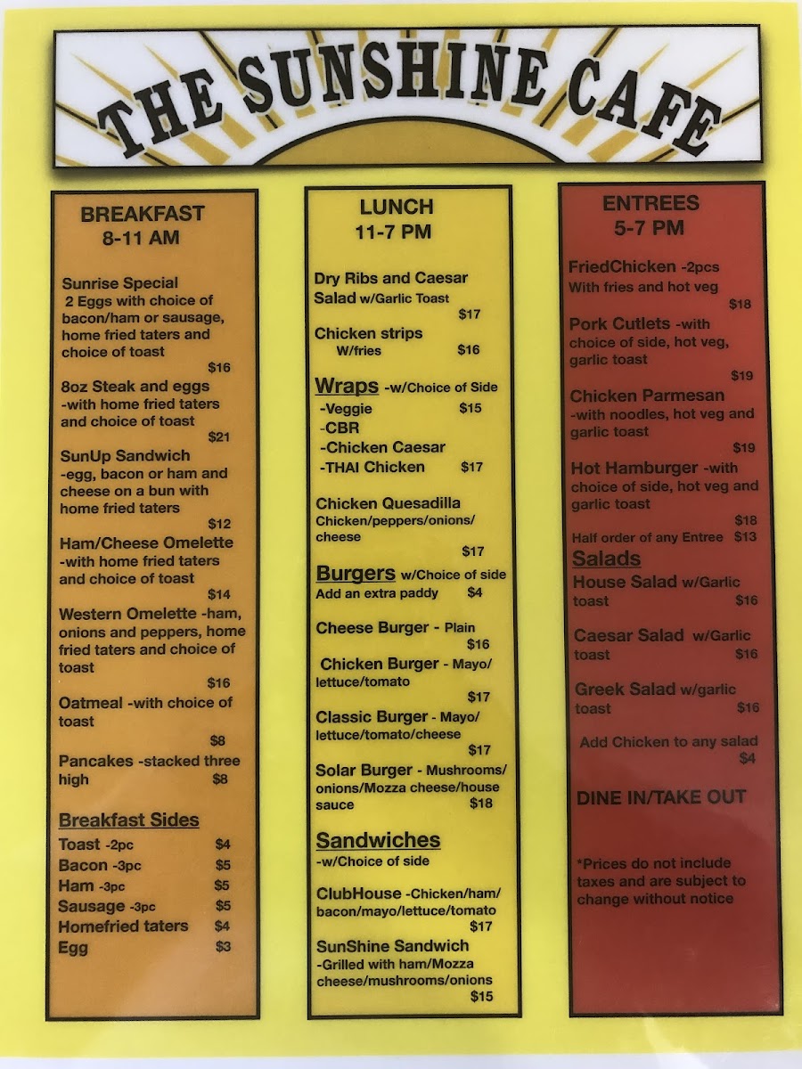 The Sunshine Cafe menu board