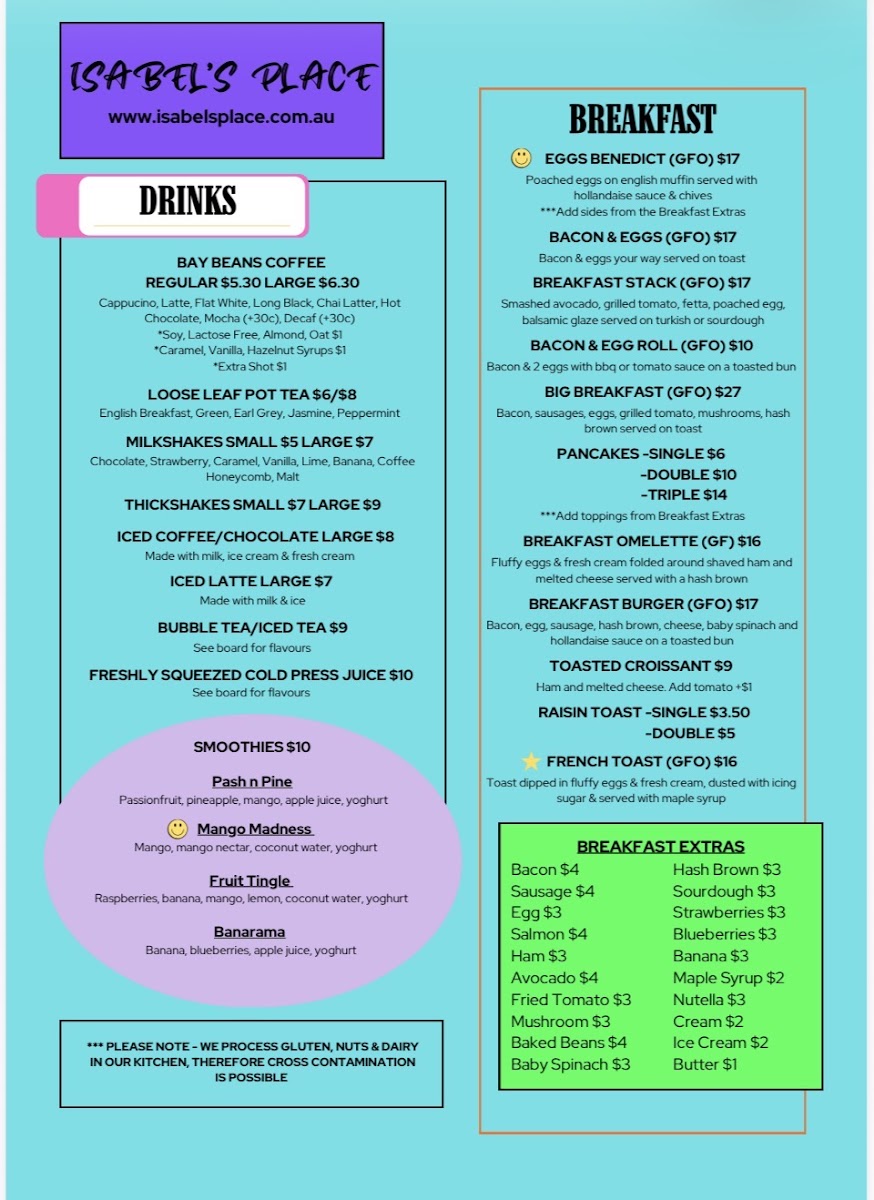 Isabel’s Place menu board
