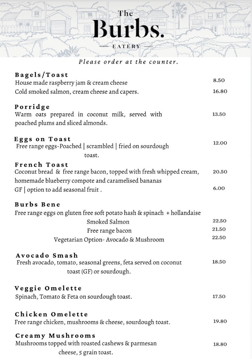 The Burbs Eatery menu board
