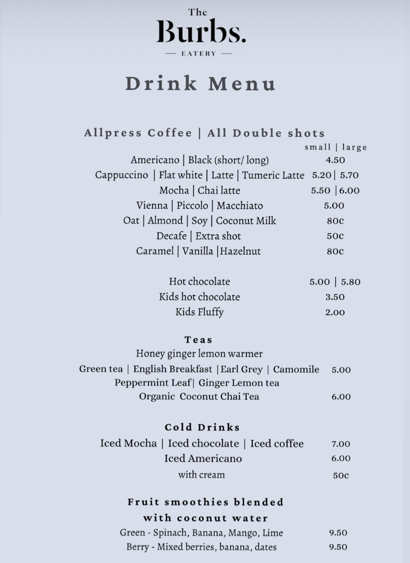 The Burbs Eatery menu board