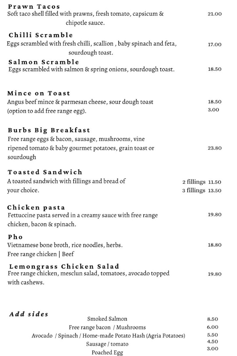 The Burbs Eatery menu board