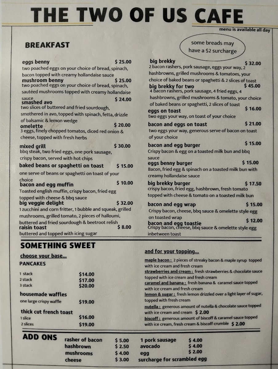 The Two Of Us Cafe Gympie menu board
