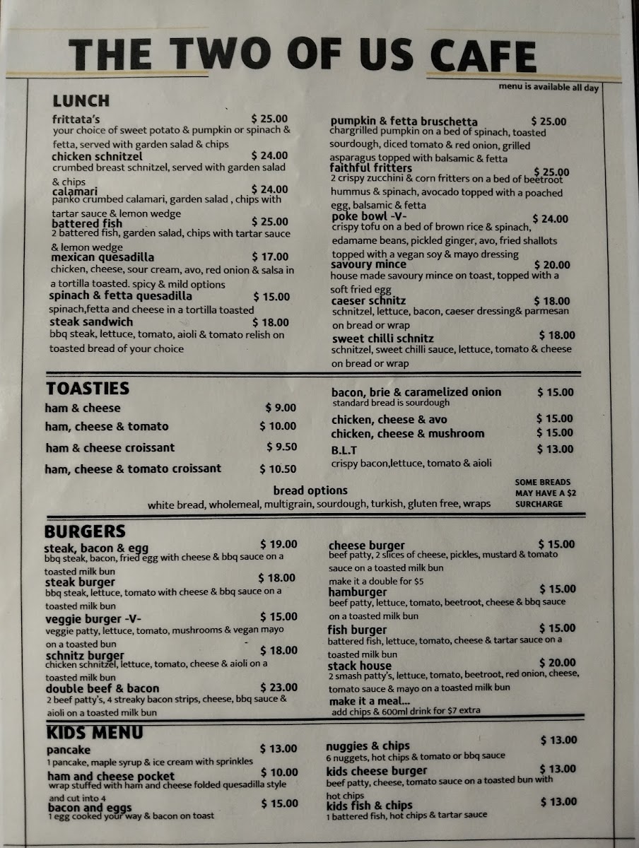 The Two Of Us Cafe Gympie menu board