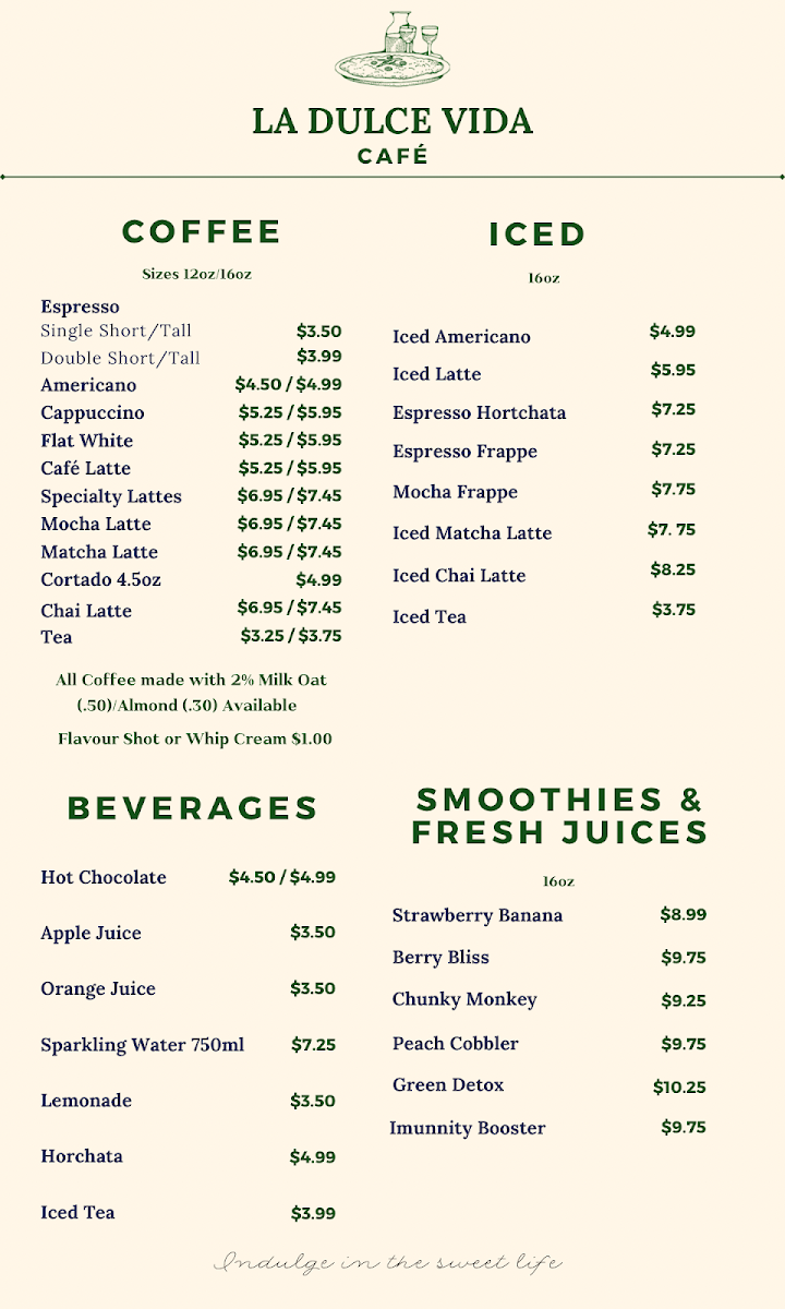 La Dulce Vida Café menu board