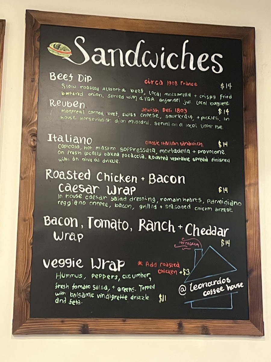 Leonardo’s Coffee and Sandwich House menu board