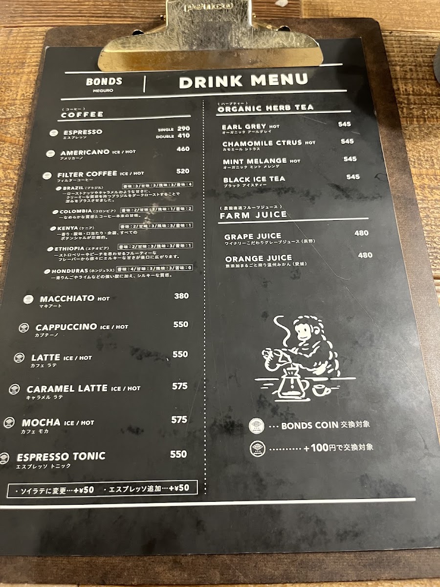 Bonds Meguro menu board
