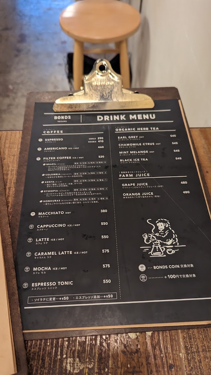 Bonds Meguro menu board