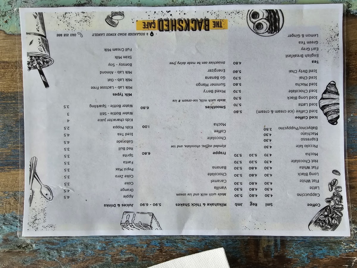 The Backshed Cafe menu board