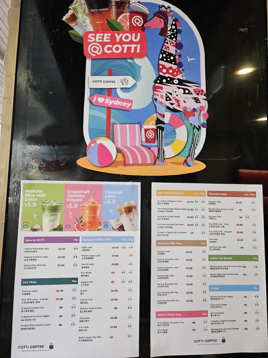 Cotti Coffee (Cabramatta) menu board