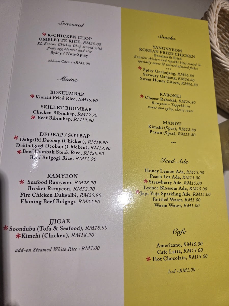 Hanbing Korean Dessert Cafe (NU Sentral KL) menu board