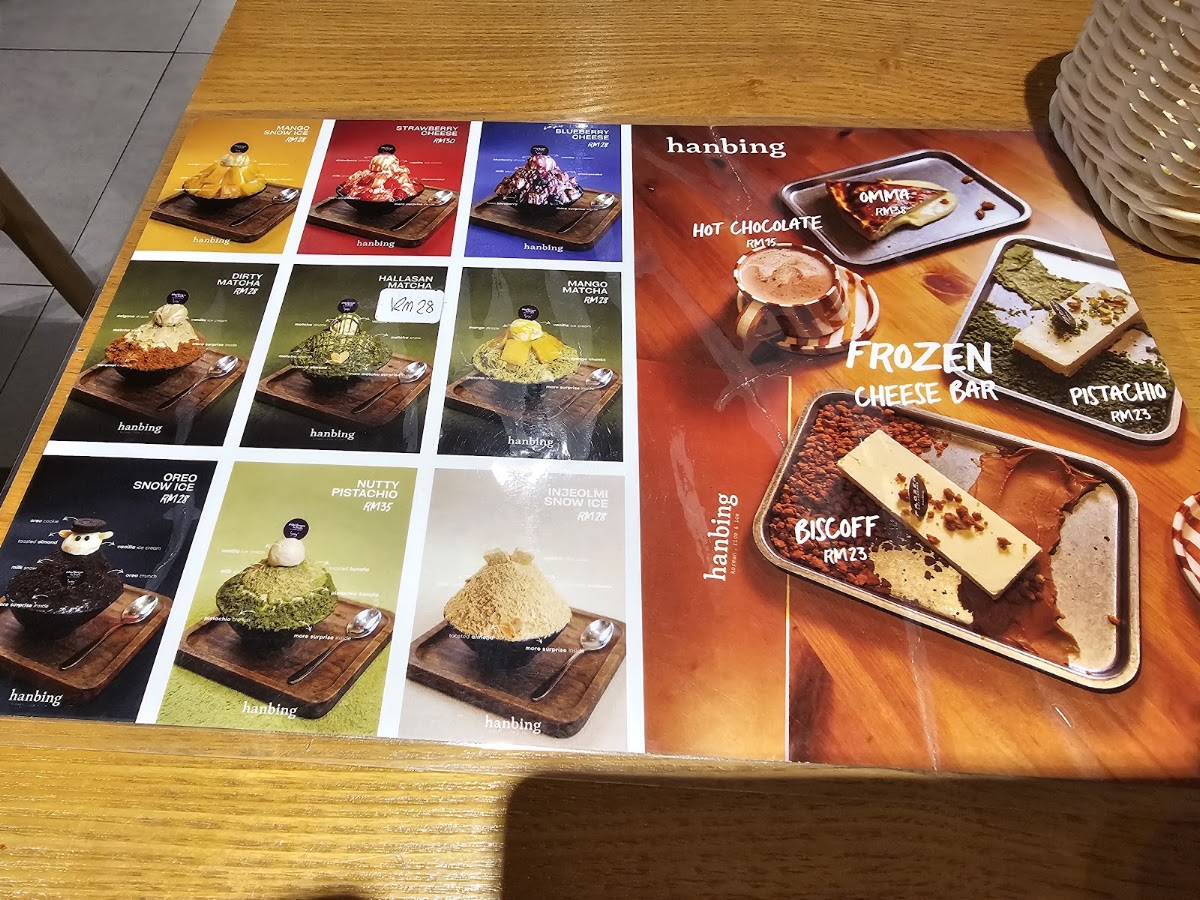 Hanbing Korean Dessert Cafe (NU Sentral KL) menu board
