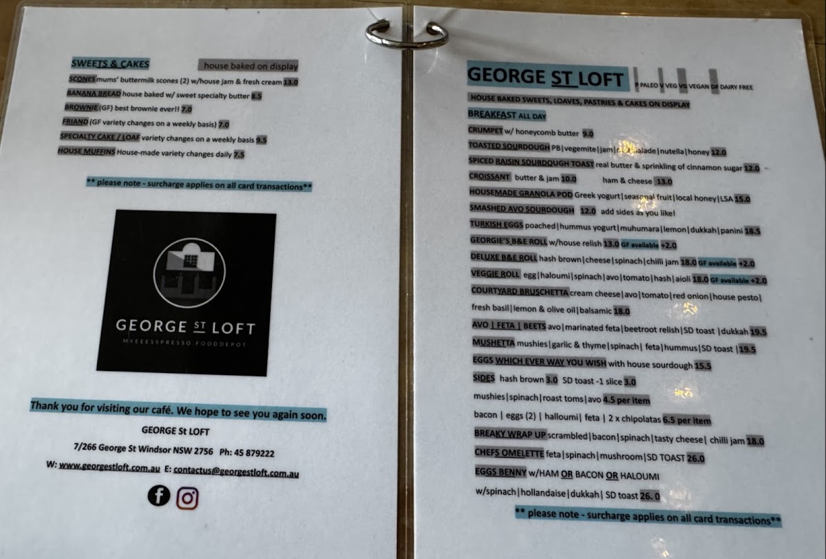 George St Loft menu board
