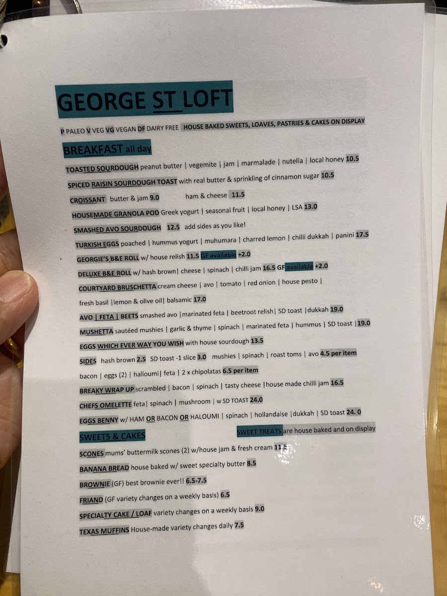 George St Loft menu board