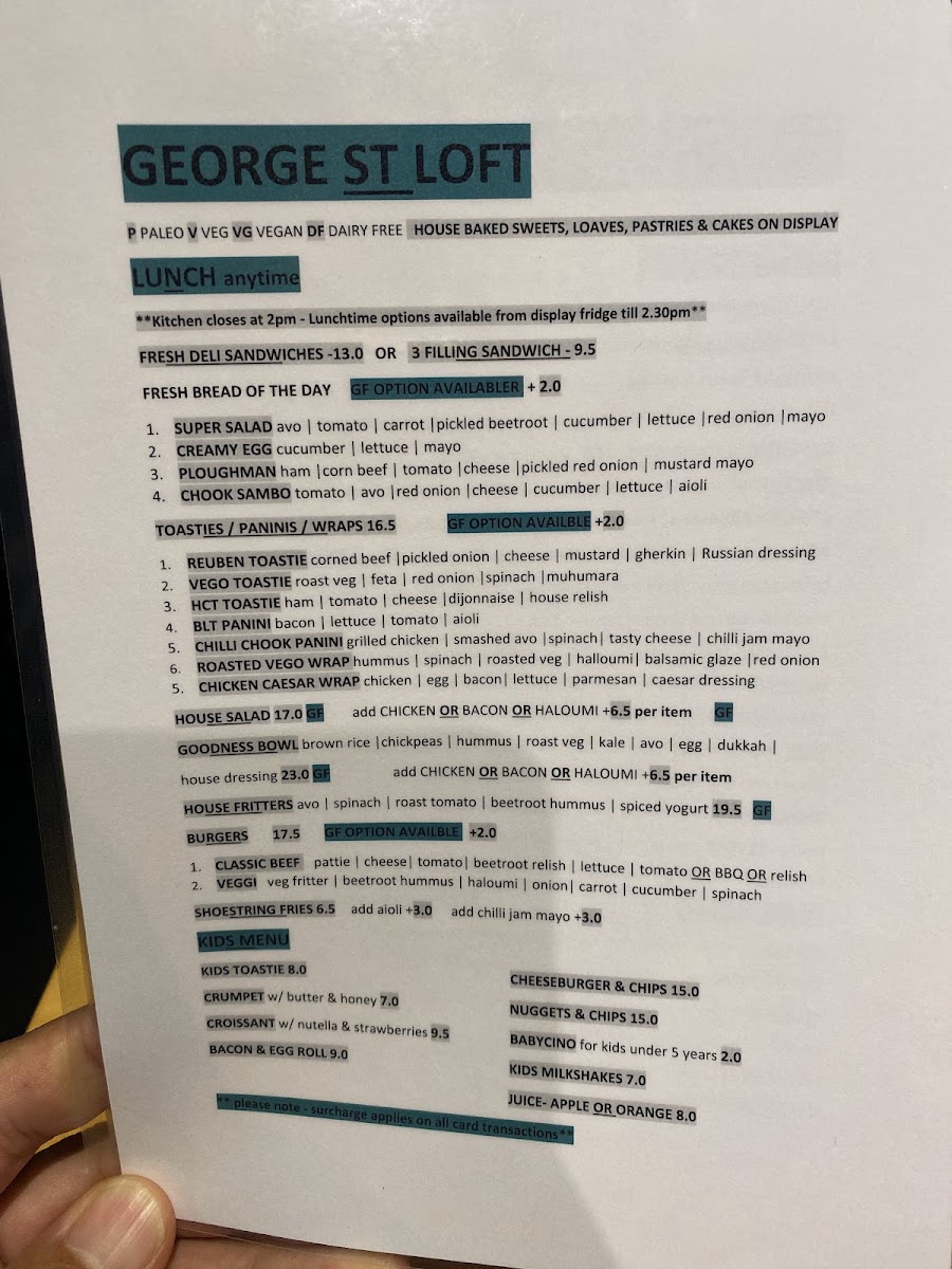 George St Loft menu board