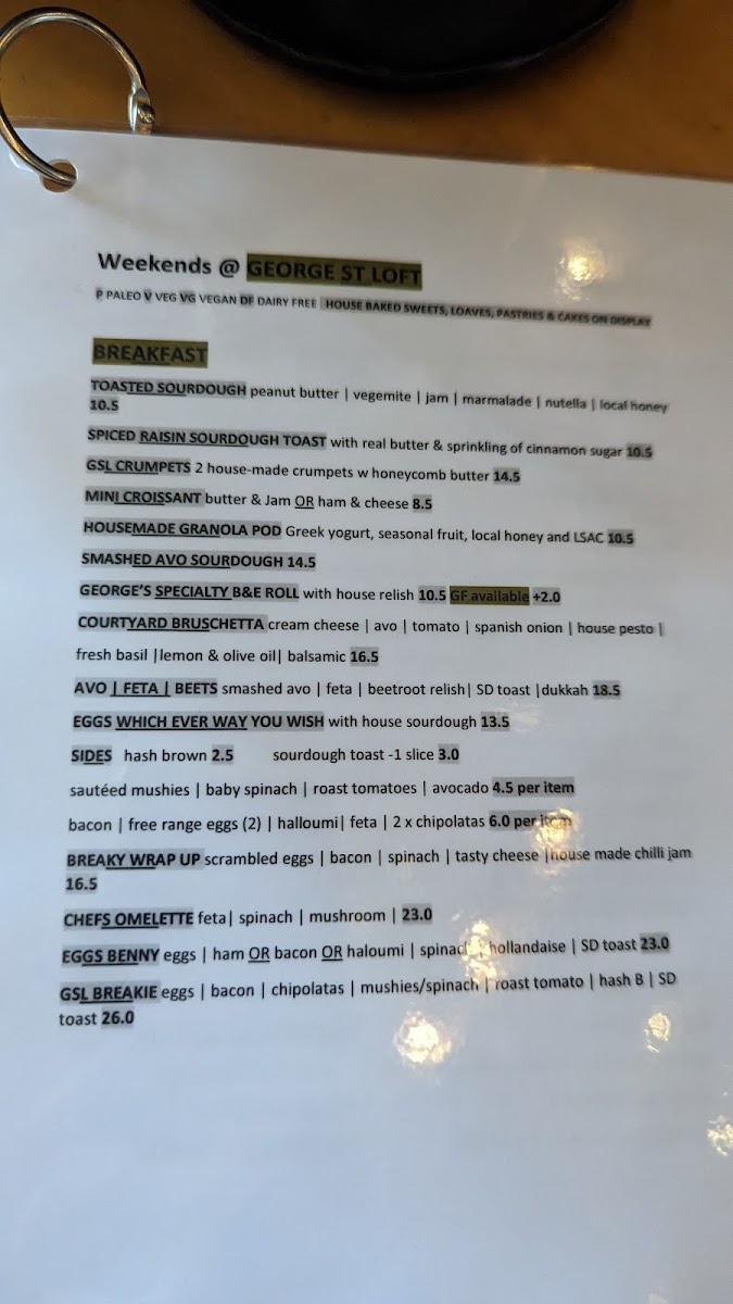George St Loft menu board