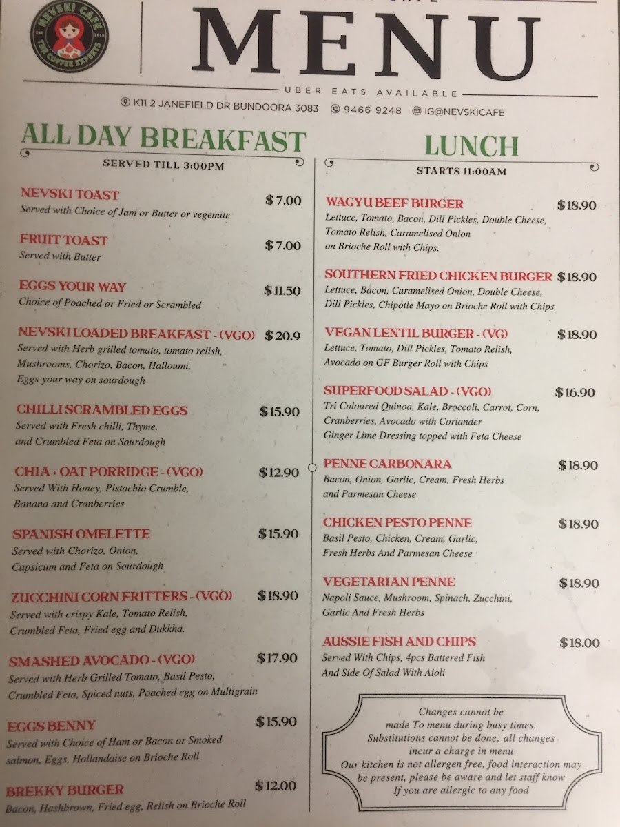 Nevski Cafe menu board
