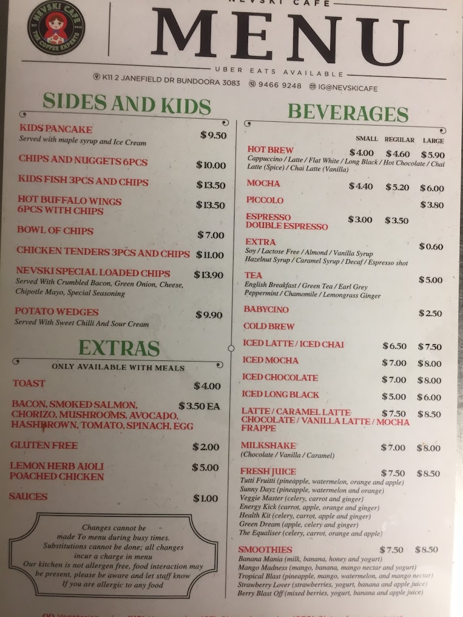 Nevski Cafe menu board