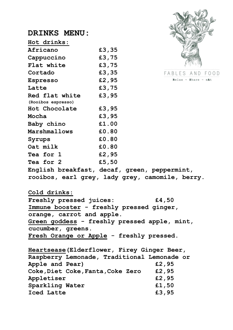 Fables and food menu board