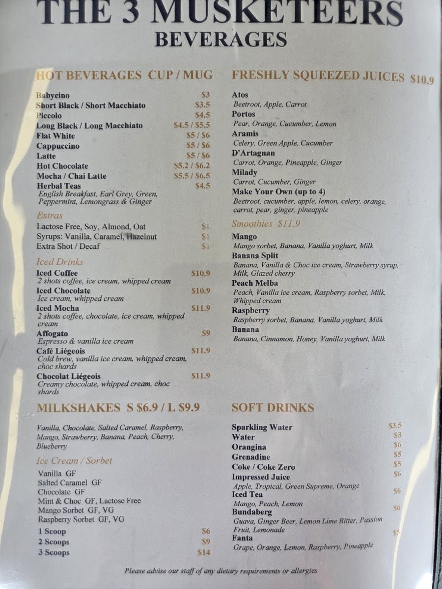 The 3 Musketeers menu board