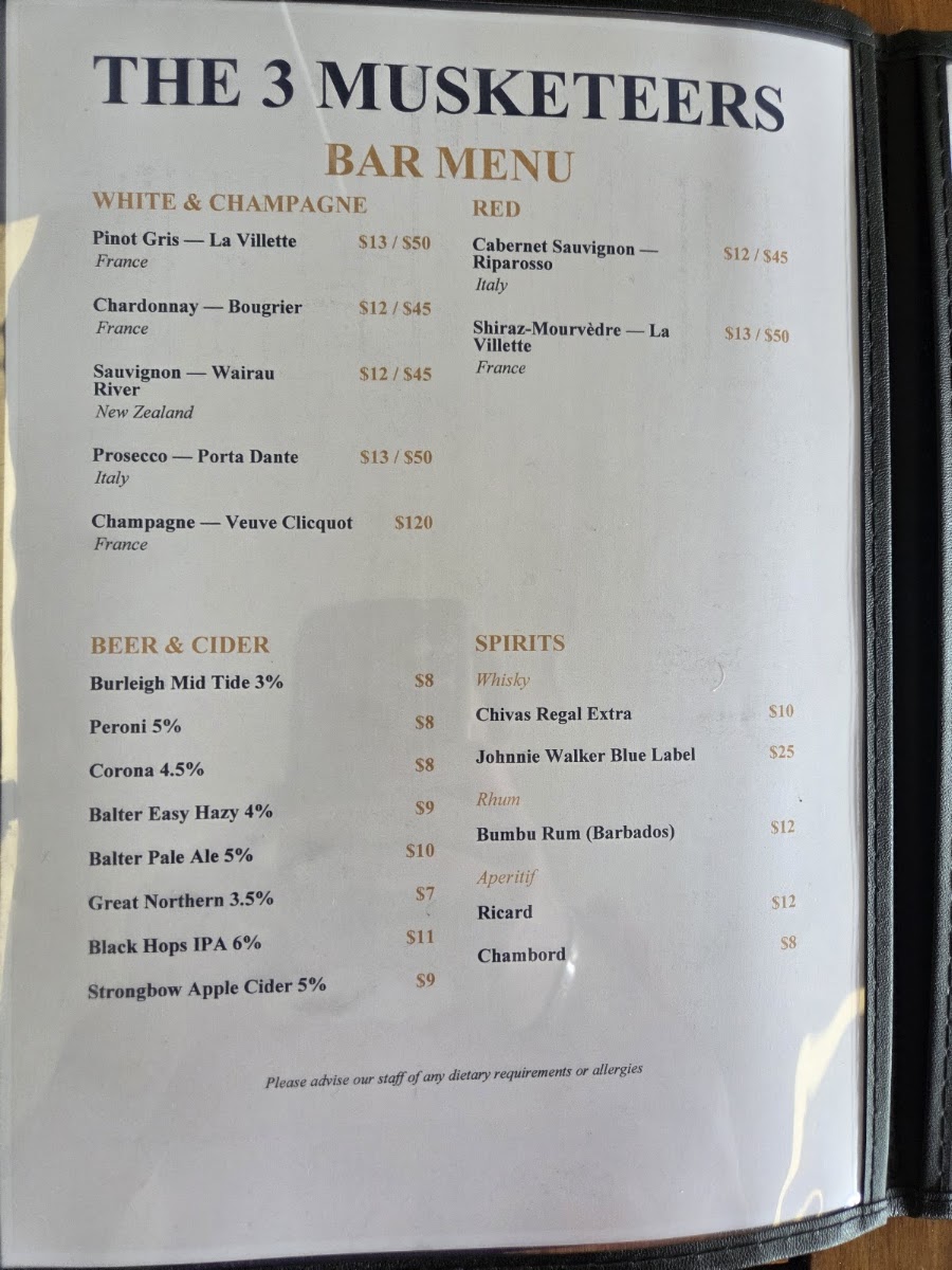 The 3 Musketeers menu board