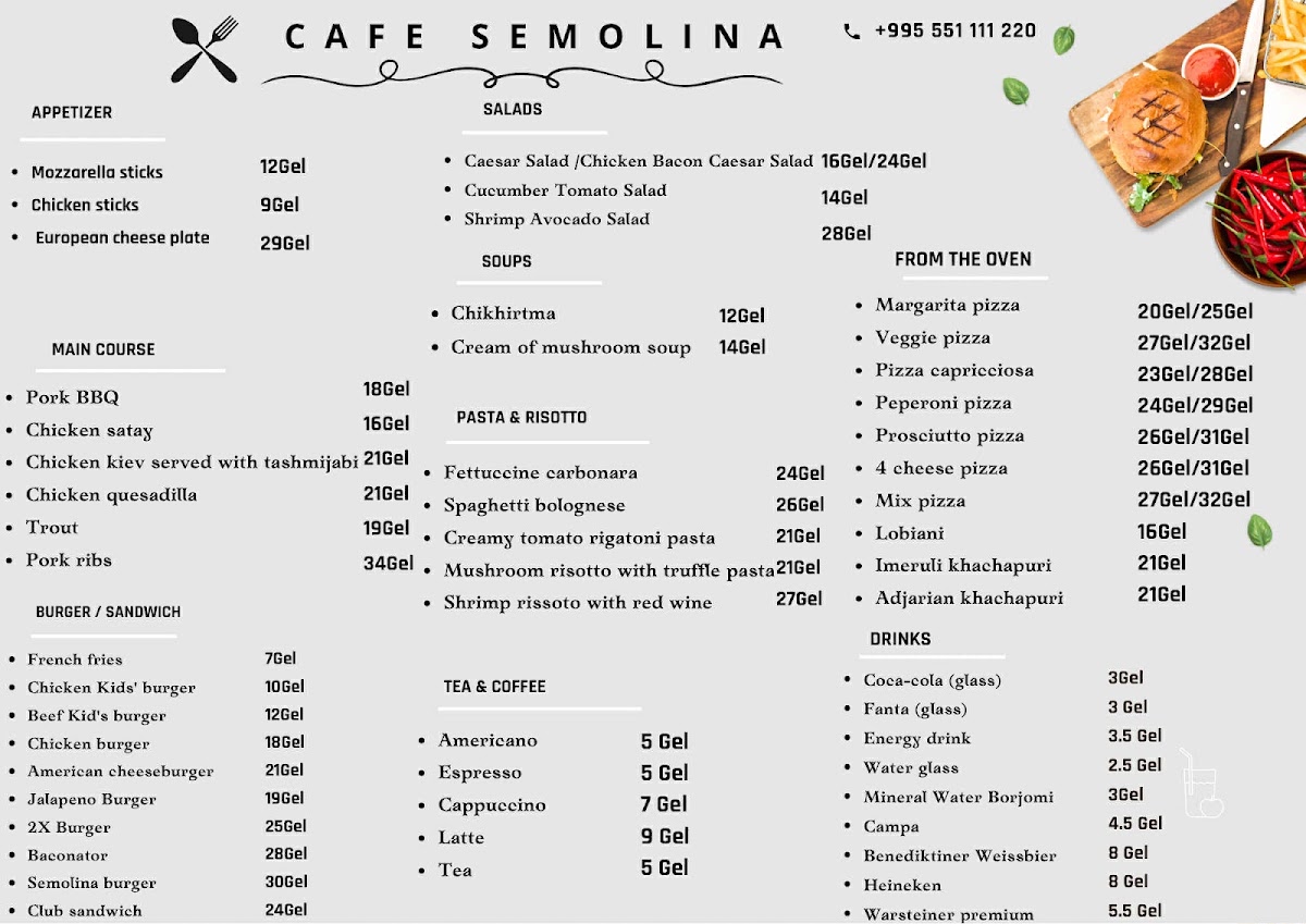 Pizza Semolina menu board