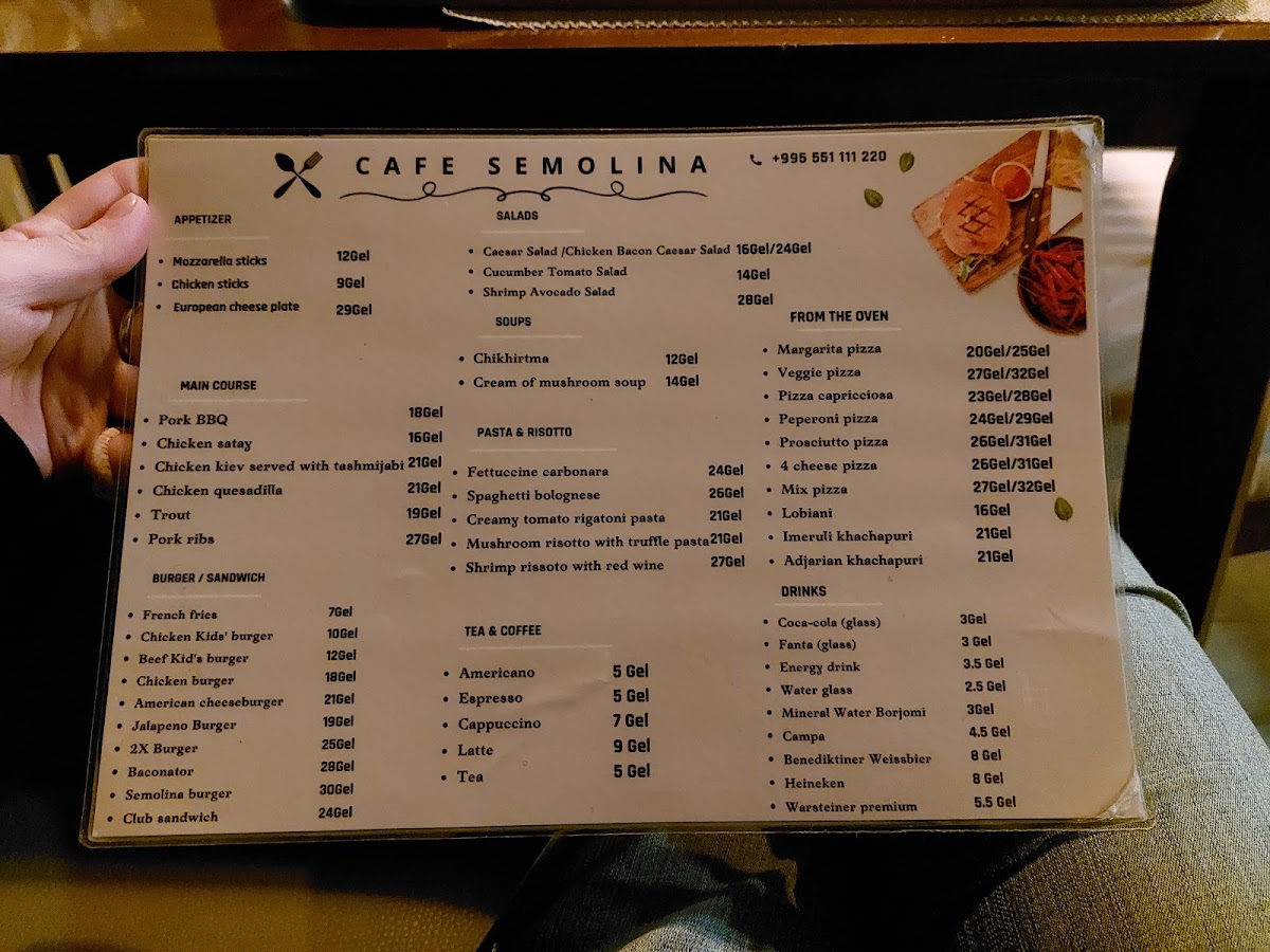 Pizza Semolina menu board