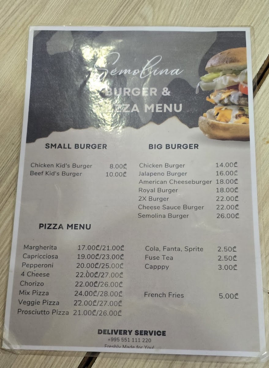 Pizza Semolina menu board