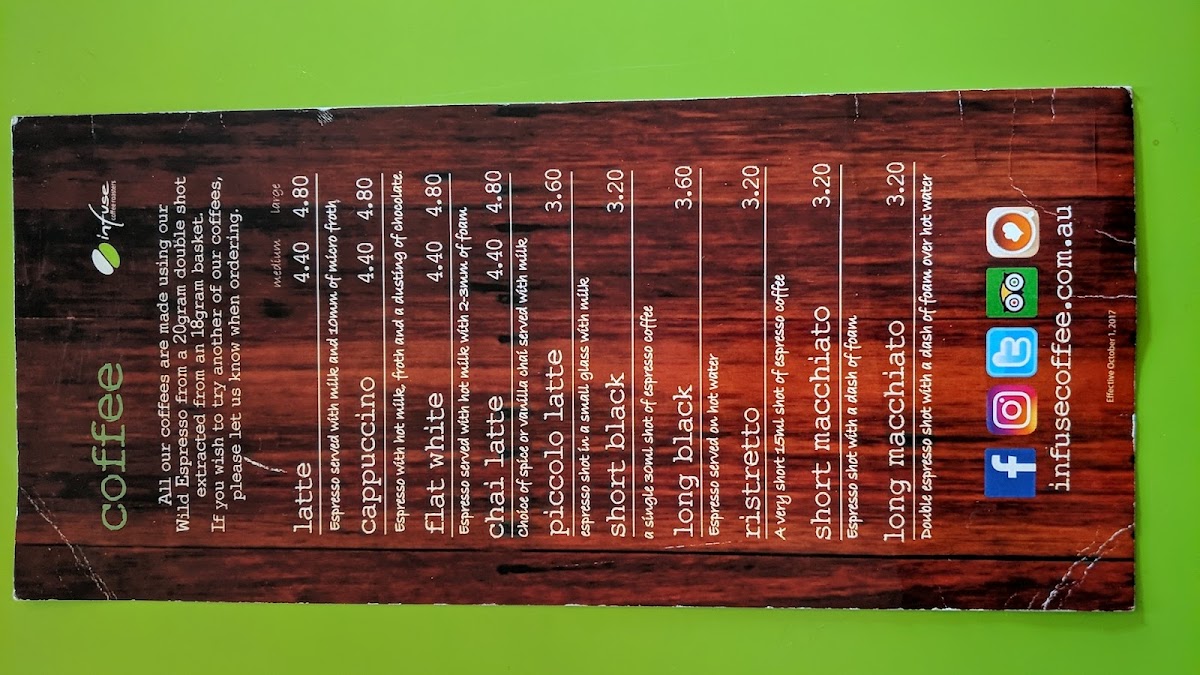 Infuse Coffee Roasters menu board