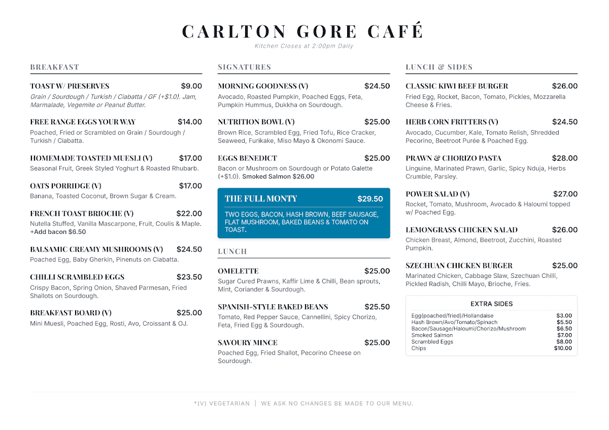 Carlton Gore Cafe menu board