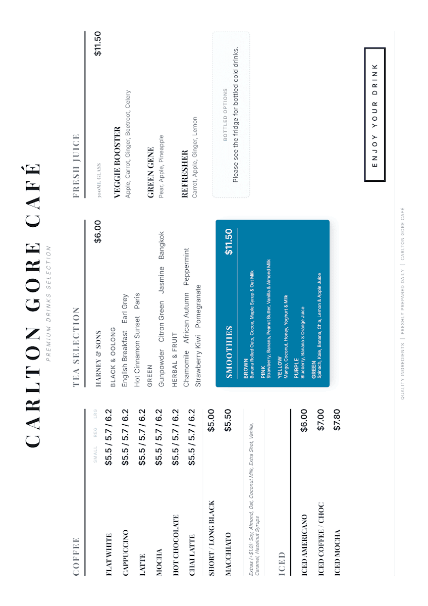 Carlton Gore Cafe menu board