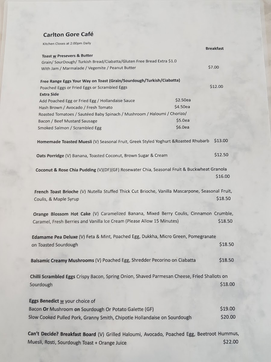 Carlton Gore Cafe menu board