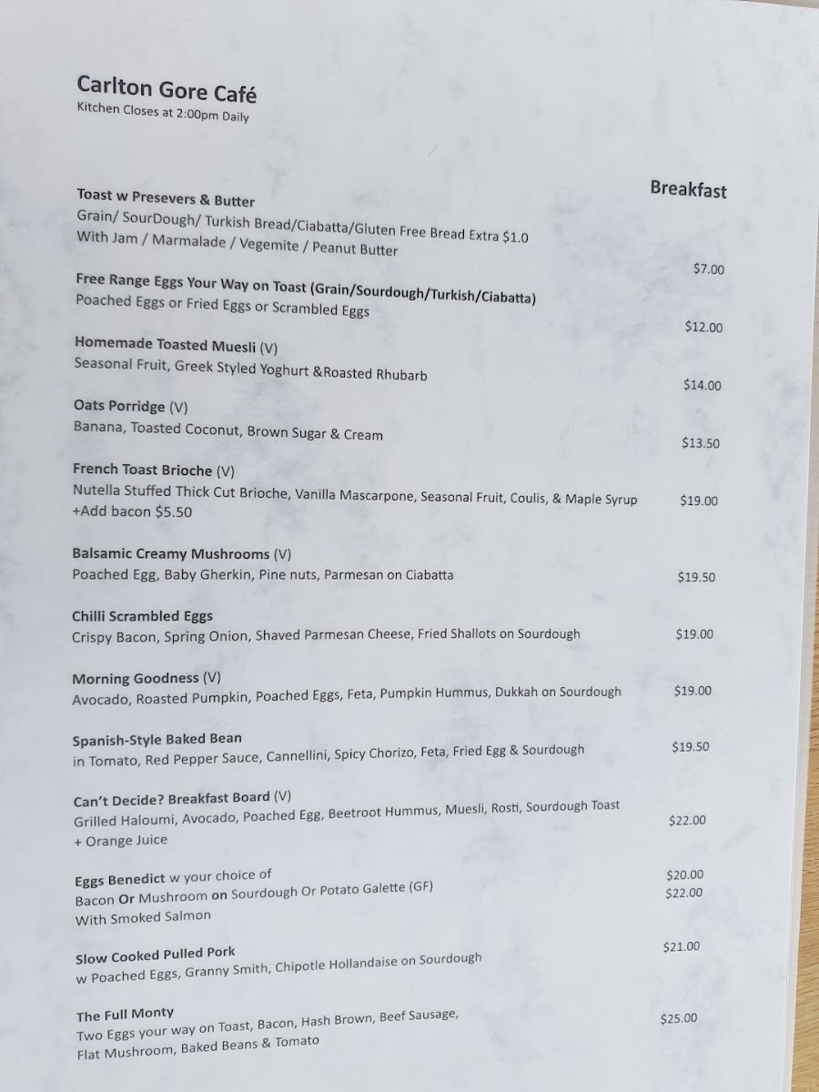 Carlton Gore Cafe menu board