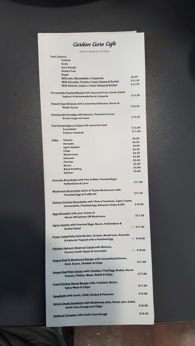 Carlton Gore Cafe menu board