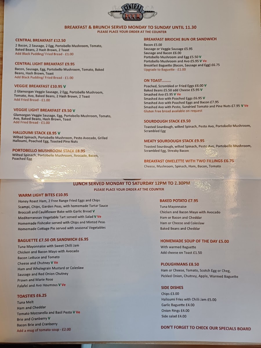 Central Pook menu board