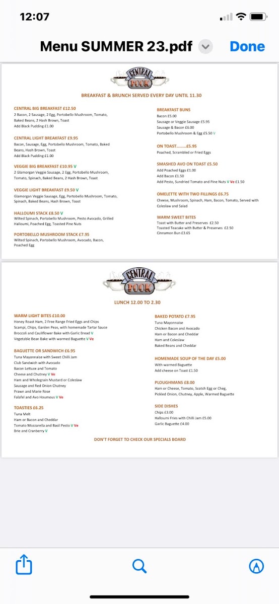 Central Pook menu board