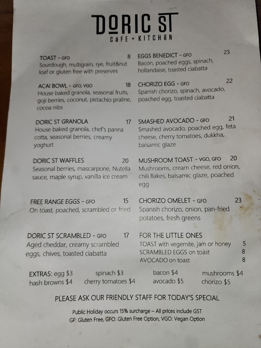 Doric St Cafe and Kitchen menu board