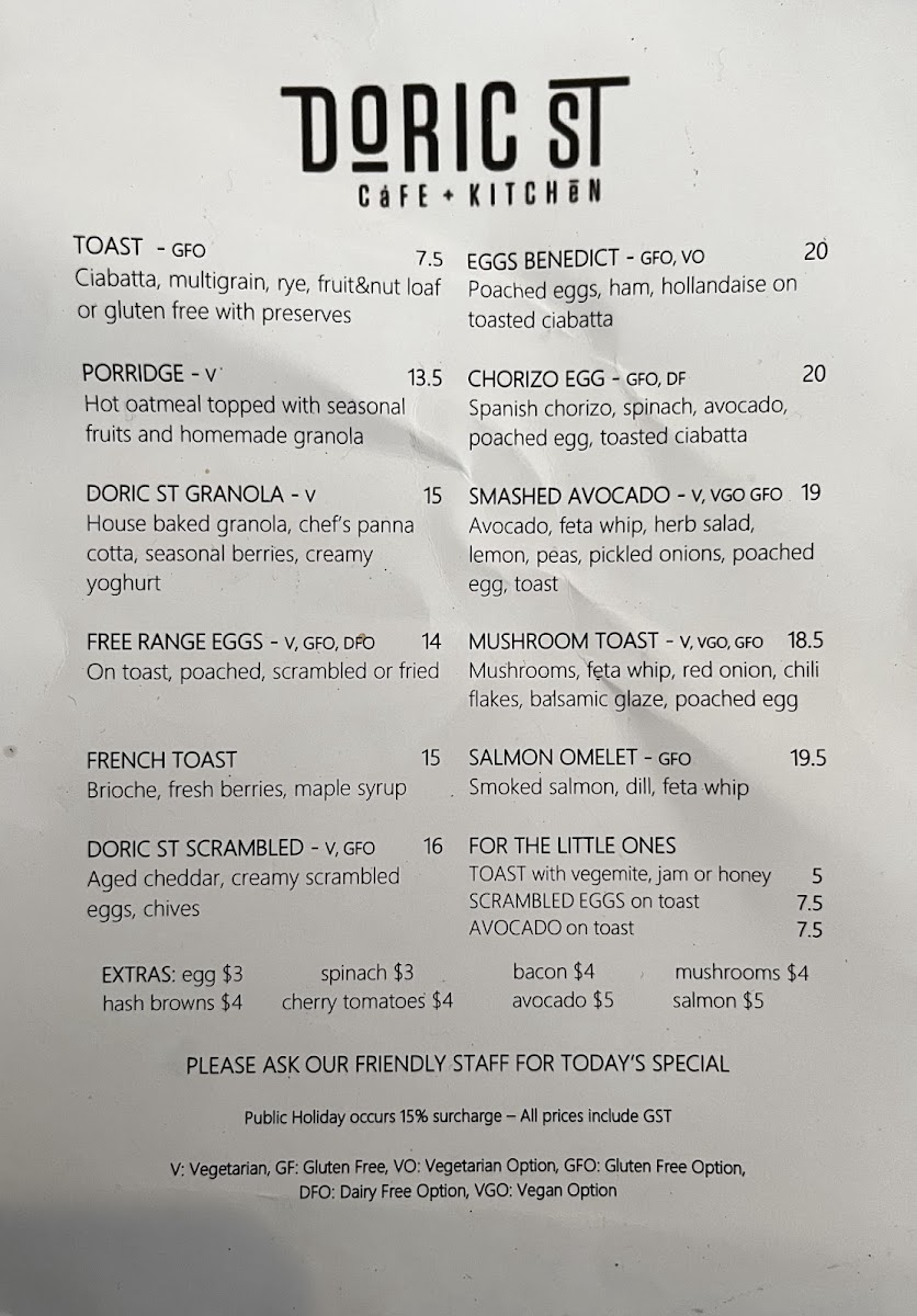 Doric St Cafe and Kitchen menu board
