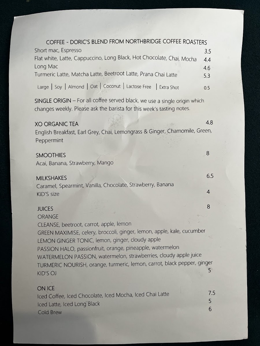 Doric St Cafe and Kitchen menu board
