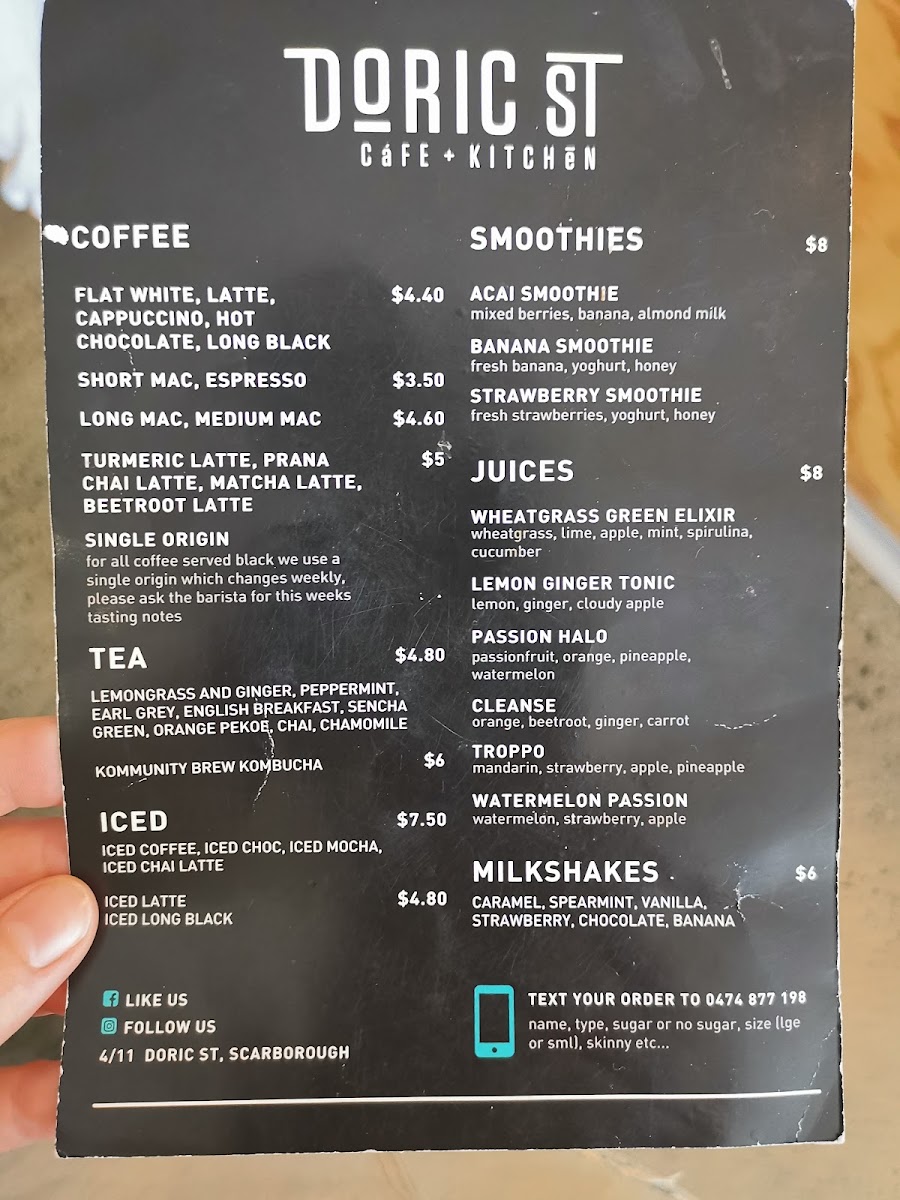 Doric St Cafe and Kitchen menu board