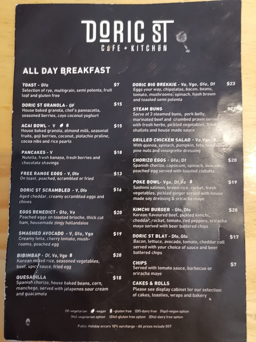 Doric St Cafe and Kitchen menu board