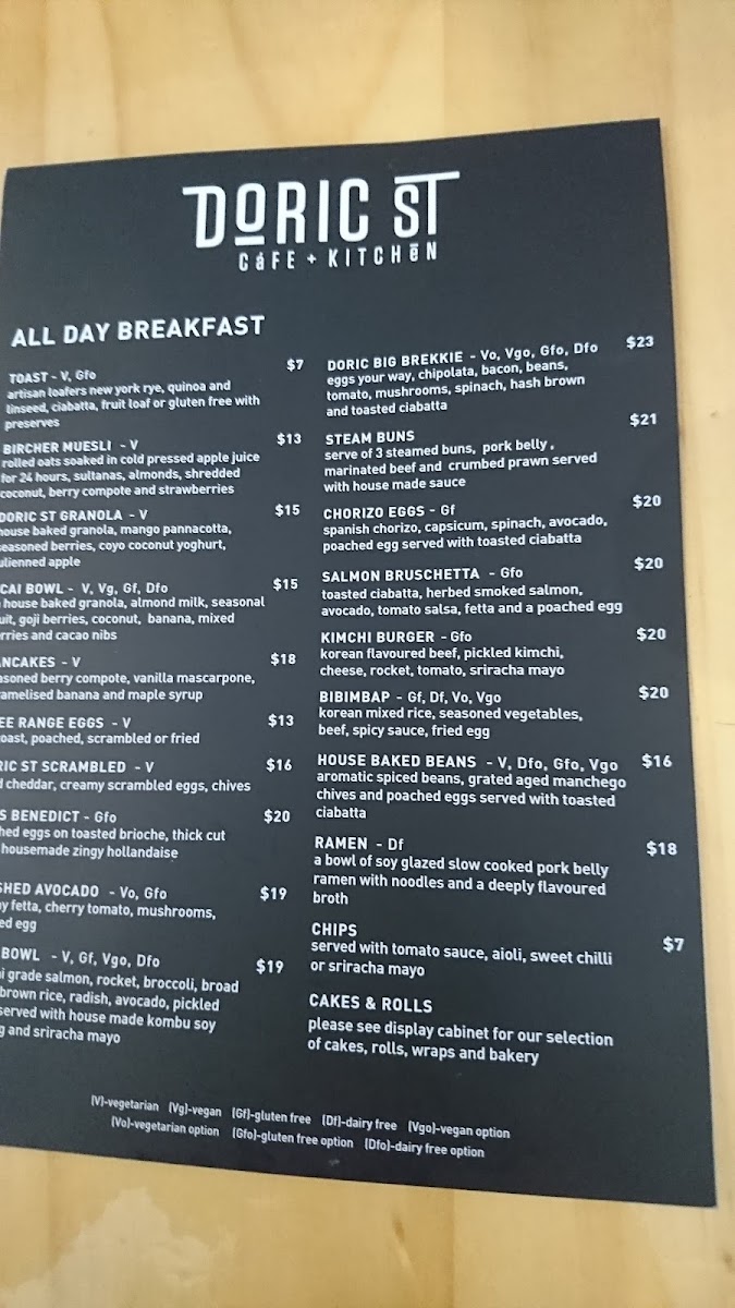 Doric St Cafe and Kitchen menu board