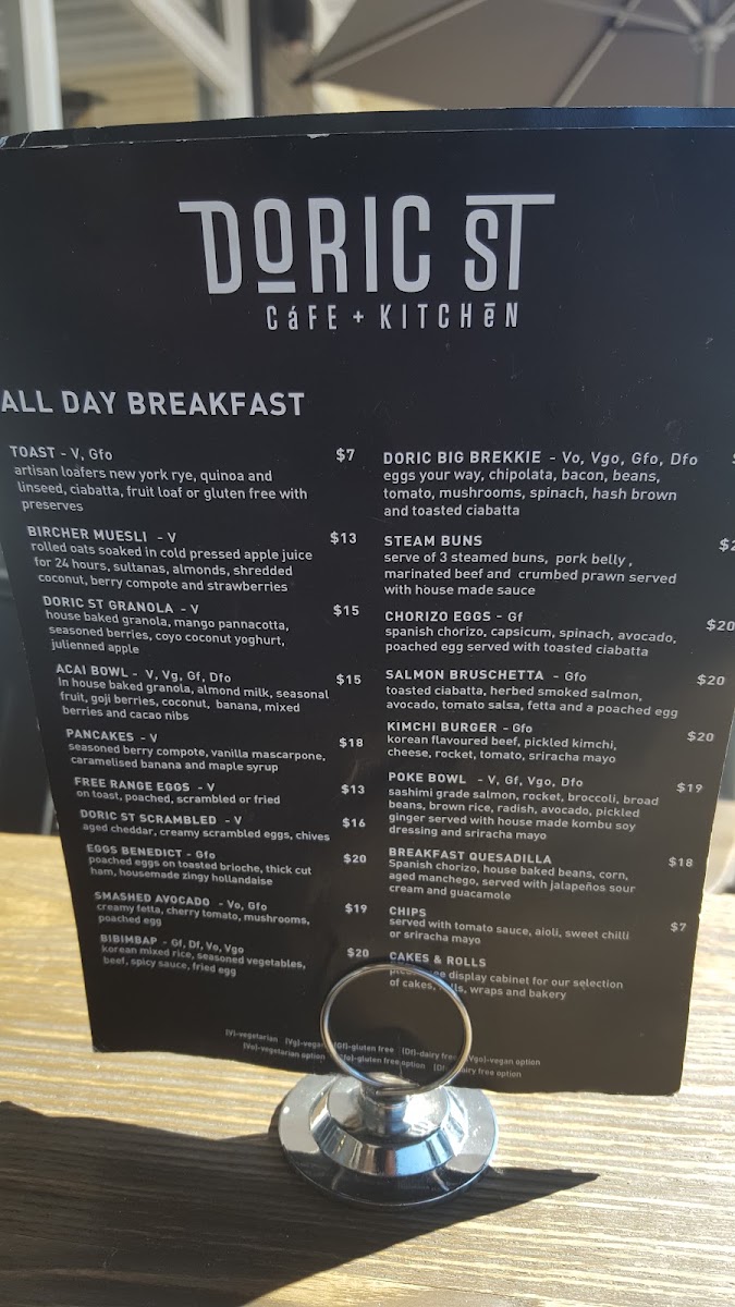 Doric St Cafe and Kitchen menu board