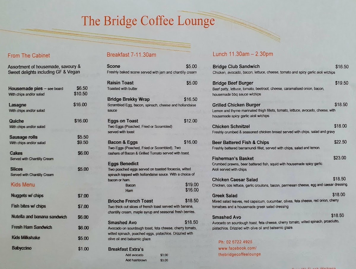 The Bridge Coffee Lounge menu board