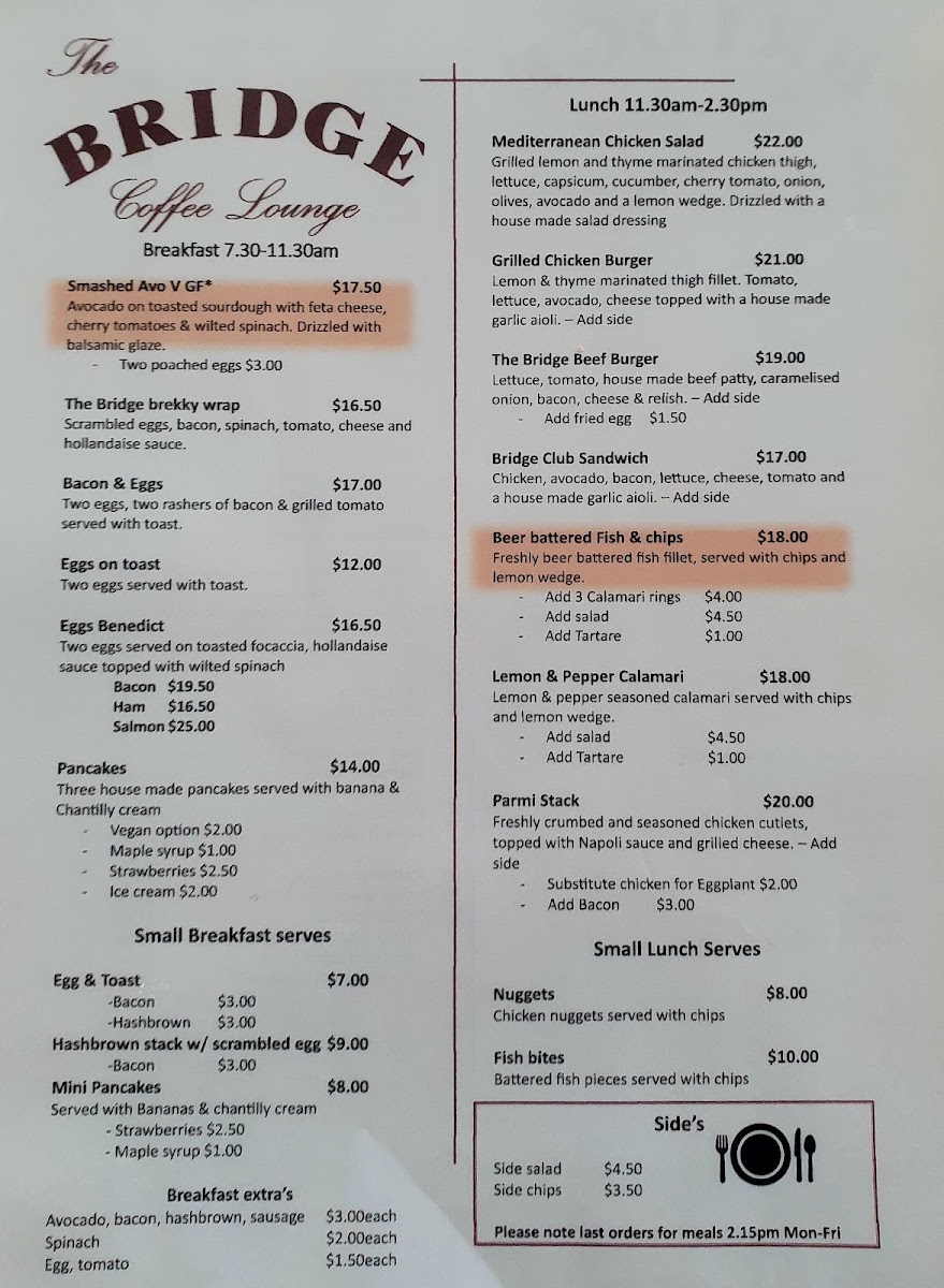 The Bridge Coffee Lounge menu board