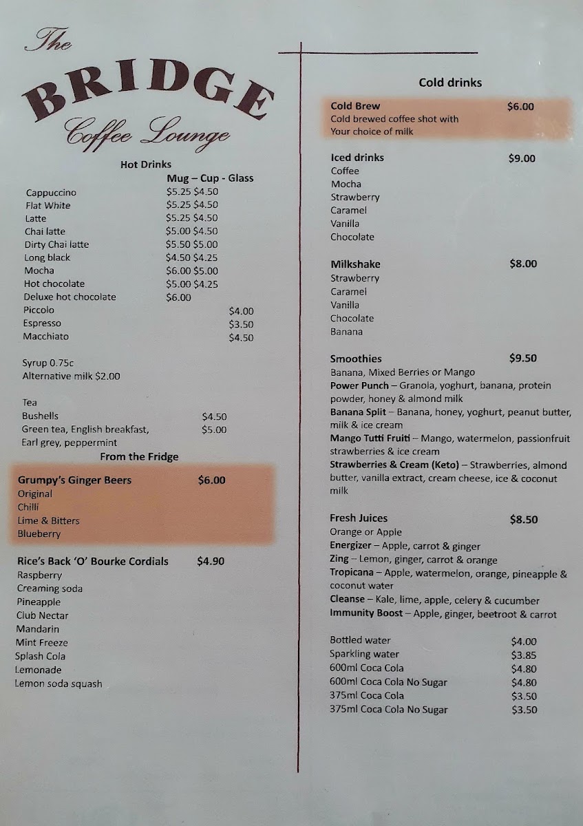 The Bridge Coffee Lounge menu board